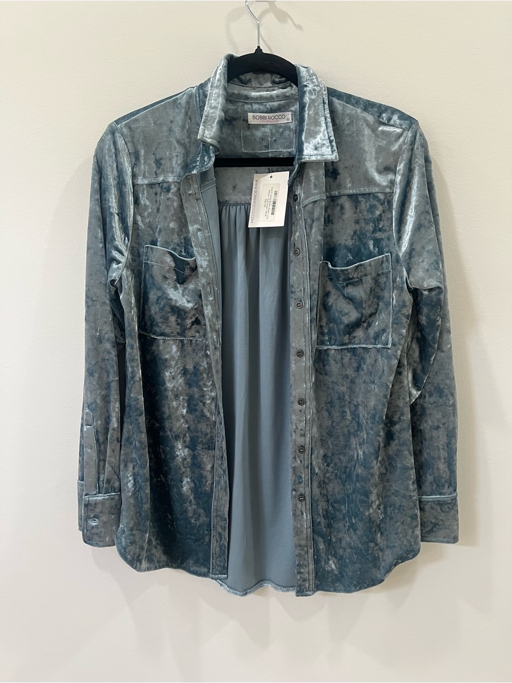Bobbi Rocco Slate Blue Crushed Velvet Button-Down Shirt